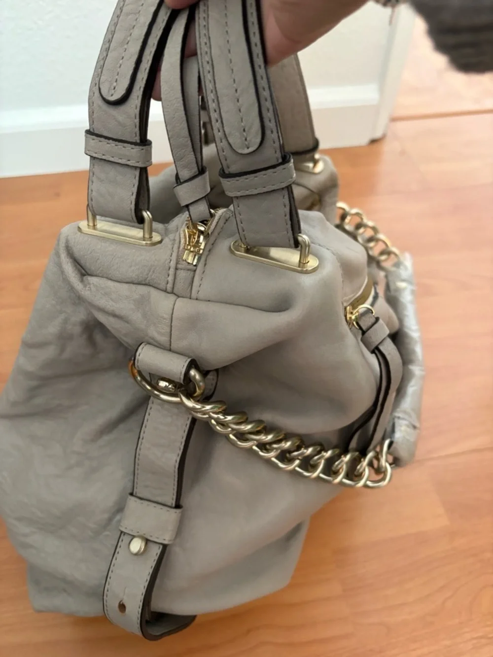 Neutral Taupe Leather Hobo Bag with Gold Chain Detail